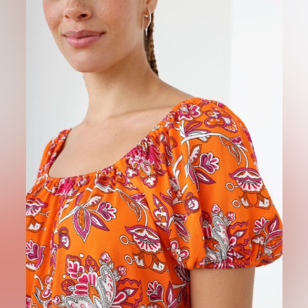 Cleo Floral Cold Shoulder Short Sleeve Orange Peasant Blouse Medium - Picture 4 of 5